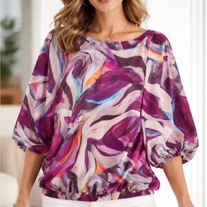 Chico’s Abstract Watercolor Blouse Size 3 (XL) Fully Lined Elastic Hem Artsy
